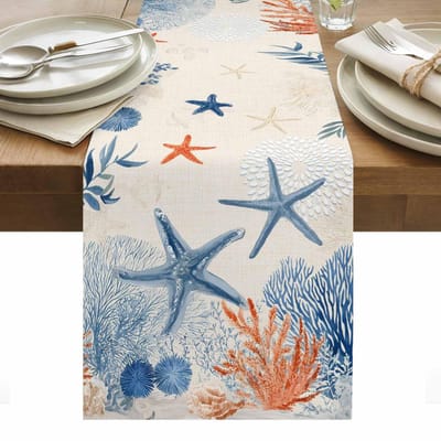 Zomer Zee Stervis Koraal Linnen Tafelkleed Huisdecoratie Retro Blauw Zeedier Keuken Eettafel Lopers Feest Decoratie 150x33cm