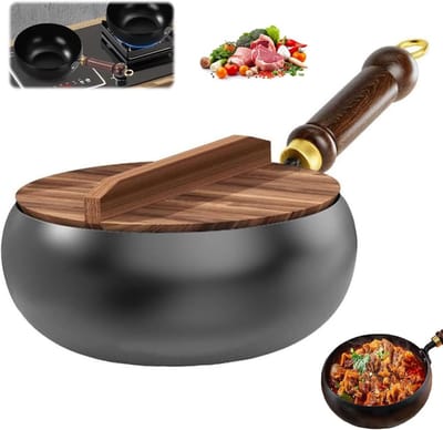 Japanse ijzeren pan met houten deksel - 24 cm - Handgesmede antiaanbakpan in Japanse stijl - Ongecoate roestvrijstalen pan - Geschikt voor natuurlijk koken, gasfornuizen en inductiekookplaten - Zwart