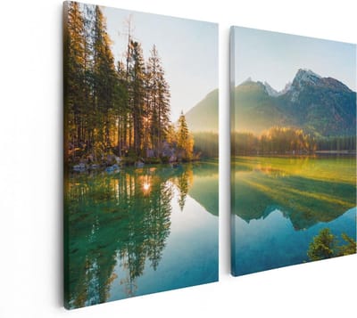 Artaza Canvas Schilderij Tweeluik Zonsopgang Bij Het Meer In De Herfst - 80x60 - Foto Op Canvas - Canvas Print