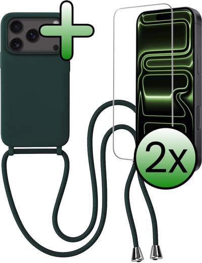 Hoes Geschikt voor iPhone 17 Pro / 18 Pro Hoesje Met Koord Met 2x Screenprotector - Telefoonhoesje Geschikt voor iPhone 17 Pro / 18 Pro Backcover Met Afneembaar Koord - Donkergroen