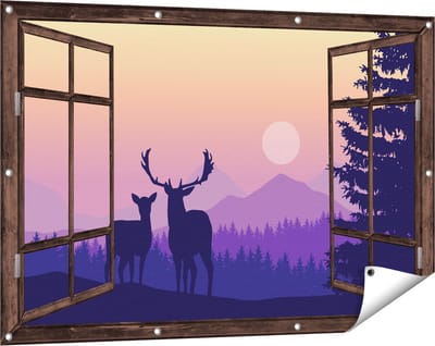 Gards Tuinposter Doorkijk Twee Herten - Zonsondergang - Silhouet - 120x80 cm - Tuindoek - Tuindecoratie - Wanddecoratie buiten - Tuinschilderij