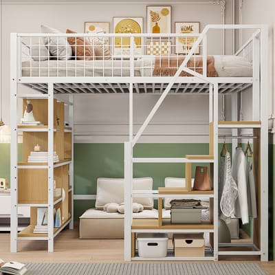 YEHTOKHOME Hoogslaper 140 x 200 cm - Tweepersoonsbed met opbergruimte - planken en ladder - Metaal & MDF - Wit - Zonder matras