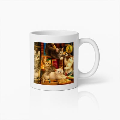 Schattige Kittens Mok – Speels Katten Design met Boeken – 330ml Keramische Koffiebeker voor Kattenliefhebbers, Cadeau voor Haar of Hem