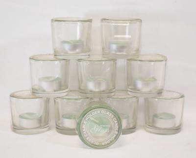 ZoeZo Design - 10 stuks - waxinelichtjeshouder - zwaar glas - glas - groene rand - met theelichtjes - H6 x Ø6 cm - herbruikbaar
