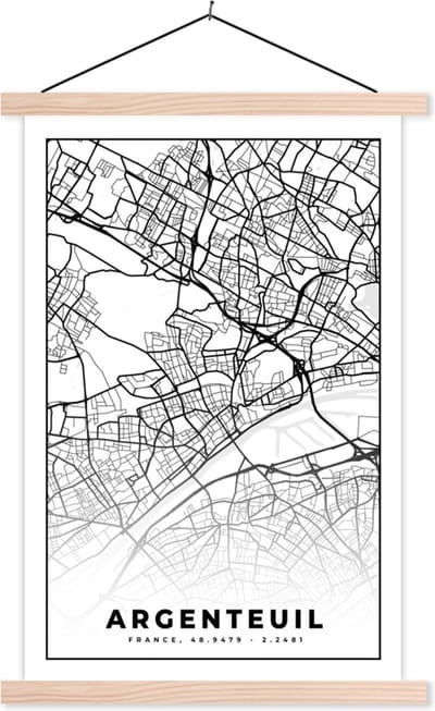 Posterhanger incl. Poster 40x60 cm - Schoolplaat - Stadskaart - Plattegrond - Argenteuil - Kaart - Frankrijk - Zwart wit - Textielposter - Blanke latten - Stadskaart
