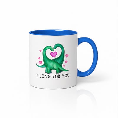 I Long For You Dinosaurus Mok 330ml – Wit-Blauwe Koffiemok met Schattig Romantisch Dino Ontwerp – Lief Cadeau voor Koppels