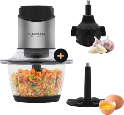 JAP Appliances Multi Chop + Uitbreidingspakket - Hakmolen met glazen kom 600ml - IJscrusher, knoflookpeller en eierklopper - Vaatwasserbestendig - 400W