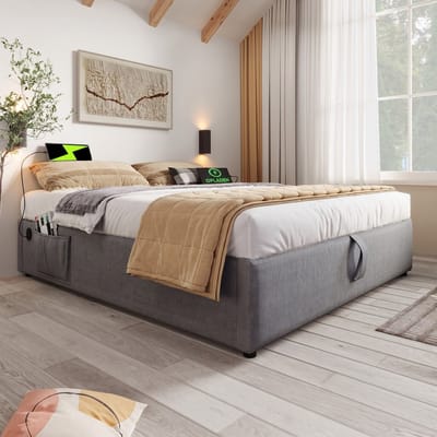 VVBV Gestoffeerd Opbergbed 140x200 cm - USB-C, Hydraulische Opbergruimte, Lattenbodem, Massief Hout, Zonder Matras