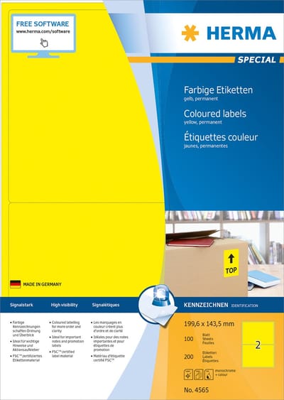 HERMA Coloured labels A4 199.6 x 143.5 mm Geel permanent adhesion