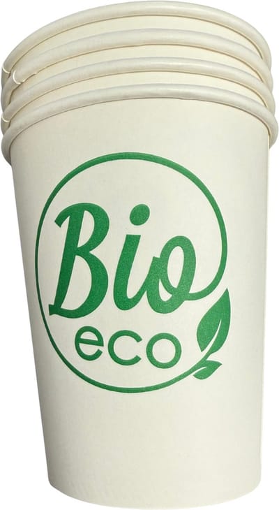 Biologisch Afbreekbare Papieren Bio Cups – 8 oz (240 ml) – Wit met Bio Logo – Plasticvrij & Composteerbaar – 90 mm – 1000 stuks (20 x 50)