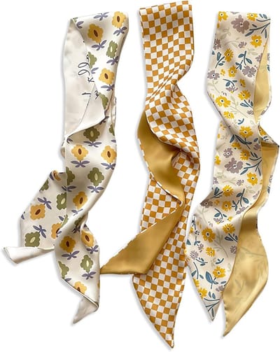 3-delige Skinny Zijde Sjaal voor Vrouwen en Meisjes met Bloemenprint en Stipjes, Geel, One Size, Elegante Accessoire voor Elke Outfit