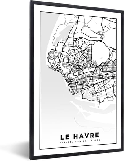 Fotolijst incl. Poster Zwart Wit- Stadskaart - Frankrijk - Le Havre - Kaart - Plattegrond - Zwart wit - 40x60 cm - Posterlijst