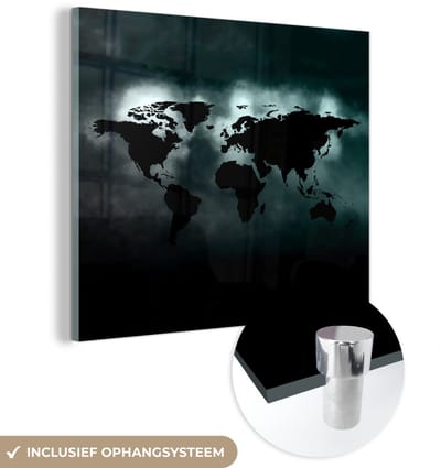 ® Glasschilderij 90x90 cm - Schilderij acrylglas - Wereldkaart - Zwart - Licht - Foto op glas - Muurdecoratie woonkamer - Wanddecoratie slaapkamer - Schilderijen