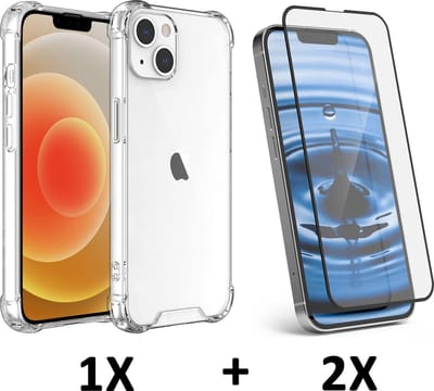 Casemania Hoesje Geschikt voor Apple iPhone 14 - Transparant / 2X Volledige Glazen Screenprotector - Anti-Shock Hybrid Back Cover