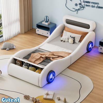 Gutent Kinderbed-90x200 cm-autovorm-met-verlichte wielen-opbergruimte-PU-geen matras-Wit