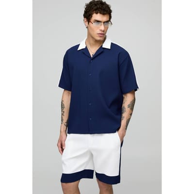 Oversized Geplooid Korte Mouwen Panel Shirt & Shortset | Navy | Size XS