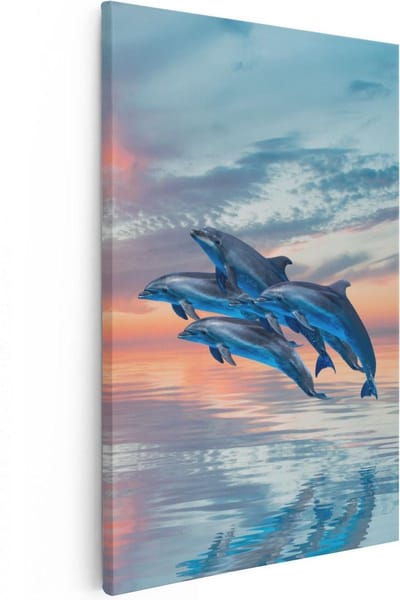 Artaza Canvas Schilderij Zonsondergang Zee - 20x30 cm - Klein - Muurdecoratie Dolfijnen - Wanddecoratie Strand - Kamer Accessoires Woonkamer