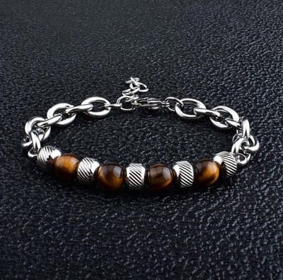 Leerella Dames en Heren Armband - Tijgeroog Bruin Verstelbare Kralen met RVS Armband - Verstelbare Heren- en Damesarmband van Edelstaal en - Moederdag Vaderdag Valentijnsdag 18+5cm