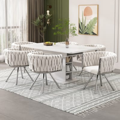 REDOM - Eetkamerstoelenset - 360° Draaibaar - Modern - Voor Eethoek - Fluweel - Beige En Zilver - Set Van 6