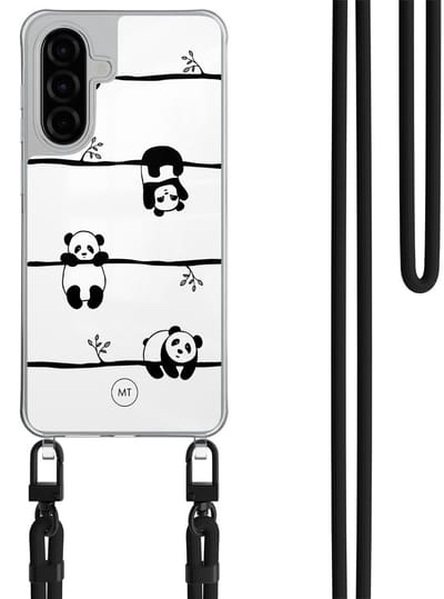 Hoesje met koord geschikt voor Samsung Galaxy A26 - Panda - Inclusief Zwart koord - Crossbody beschermhoes - Transparant, Zwart, Wit - Mooie Telefoonhoesjes