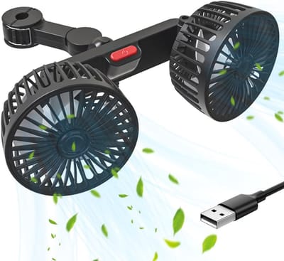 Autoventilator, USB-ventilator, 5 V, 2 A, met 3 snelheden, voor achterbank, passagiers, 360 graden draaibaar, ventilator met twee koppen, voor voertuigen zoals sedan, SUV, camper