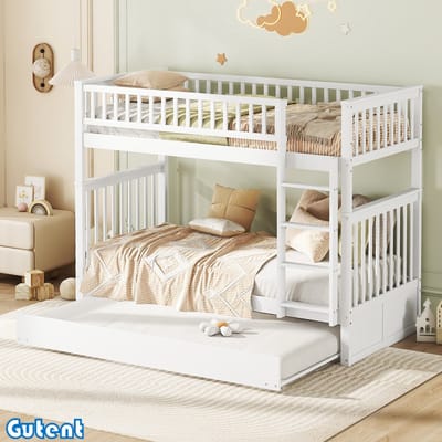 Gutent Kinderstapelbed-90*200 cm-Met uitschuifbed-Hoge relingen-Degelijke Trap-Wit-Geen Matras