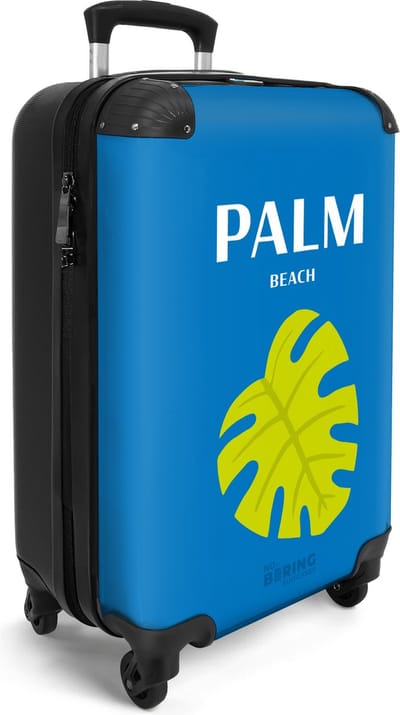NoBoringSuitcases.com® - Handbagage koffer lichtgewicht - Vakantie reistrolley - Blauw met groene 'Palm beach' - Reiskoffer trolley - Rolkoffer op wieltjes - Valies carryon koffertje - Past binnen 55x40x20 en 55x35x25