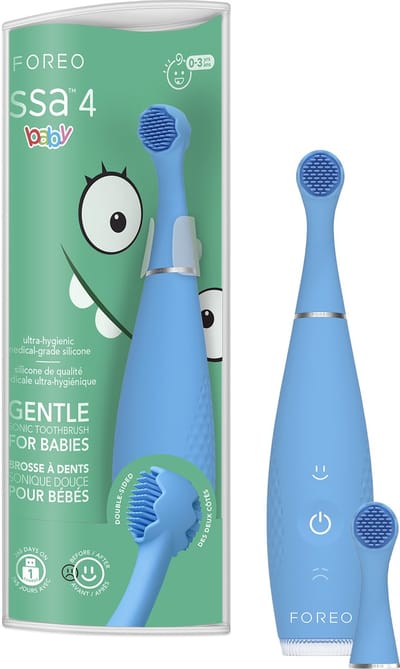 FOREO issa 4 baby – Silicium sonische tandenborstelset voor baby's, met dubbelzijdige haren, glimlachfunctie, tandvleesmassage, 12 maanden zorg met extra kop, 240 dagen batterij, reisdicht - Bubble Blue