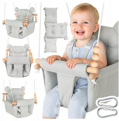 Playos® - Zachte Babyschommel - Grijs - tot 60 kg - met 3-Puntsgordel - van 12 tot 36 maanden - voor Binnen en Buiten - Schommelstoel - Hangstoel - Babykamer - Kinderschommel