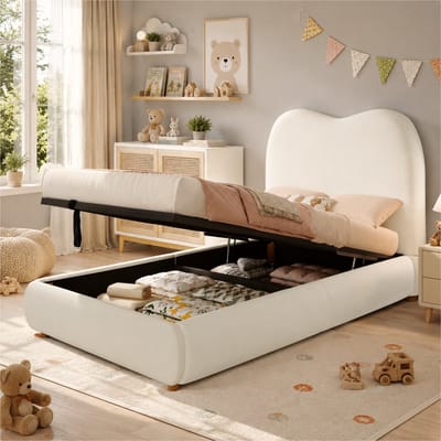 Boxspring Bed Met Opbergruimte - Kinderbed 90x200 Beige Velvet Met Hydraulisch Bedframe