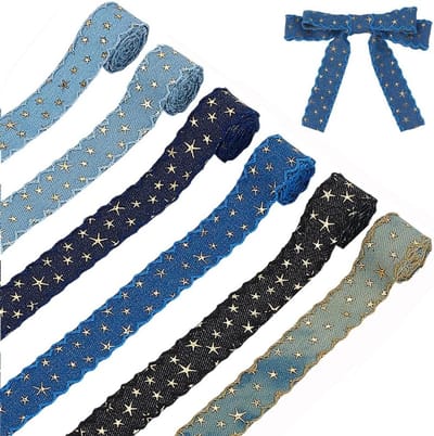 5.5m x 5mm Denim Lint in 5 Kleuren, Gouden Sterren Lint met IJzeren Rand voor Cadeauverpakking, Trouwen en Creatieve Projecten
