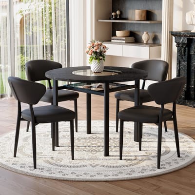 MODFU - Ronde Eethoekset - Met 4 Stoelen En Glasinleg - Minimalistisch - Voor Eetkamer Of Open Keuken - Zwart - 100 Cm