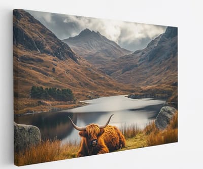 Saammp Canvas Schilderij - Schotse hooglander koe - Schotse hooglanden - Natuur - Dieren - 45x30 - Foto op canvas - Wanddecoratie - Muurdecoratie Woonkamer - Slaapkamer decoratie - Canvas Print