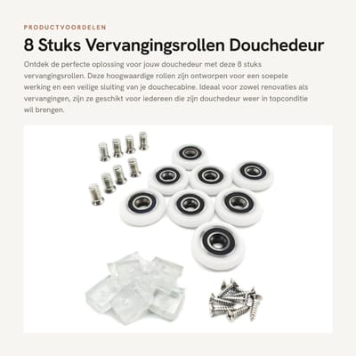 Dailygoods- Vervangingsrollen 8 stuks - Douchedeur Wielen - Antibotsing Blokken - POM-Kunststof - Roestvrij Staal - Diameter 25 mm - Douchedeurwielen