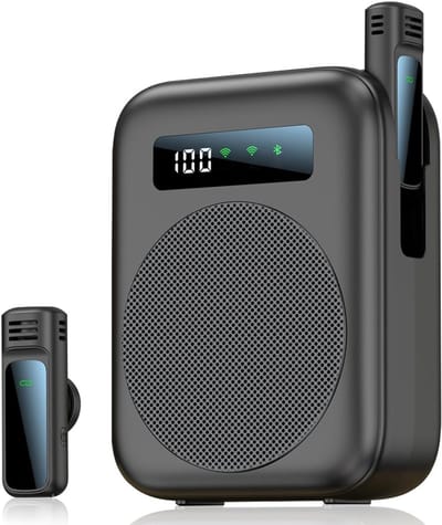 Voice Amplifier Draadloze Lavalier Microfoon, 2000mAh Draagbare Oplaadbare Bluetooth Mini Persoonlijke Luidspreker met 2 Revers Microfoons voor Leraren, Klaslokaal, Vergaderingen, Tour, Versterkers