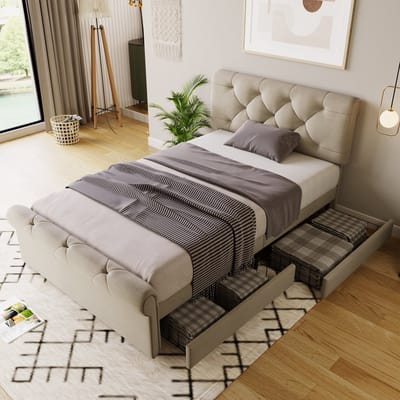 KOMHTOM Eenpersoonsbed 90x200 cm Bed volwassenen In hoogte verstelbaar hoofdbord opbergbed Bed met 2 laden