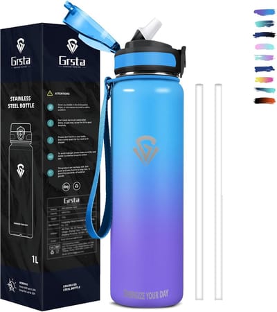 SnelShoppen - Thermosfles 1 Ltr Drinkfles met Rietje, BPA Vrij, Vacuüm Geïsoleerd, Lekvrij, RVS Thermosfles voor Sport, Kamperen, Fietsen