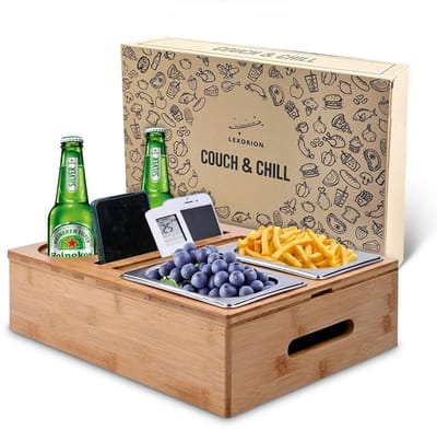 Lexorion Couch Sofa Bar Snack Box – Couch & Chill Sofa Tray – Couch Bar Tray met 2 RVS Snackkommen, Flessenhouder, Organizer – Houten Banktafel – Luxe Couch Bar Snack Box