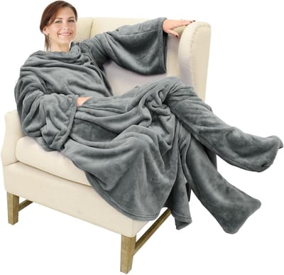 Knuffeldeken met Mouwen en Voeten - Professionele Full-Body TV-deken voor Volwassenen - Grijs - 190 x 135 cm - Perfect als Cadeau
