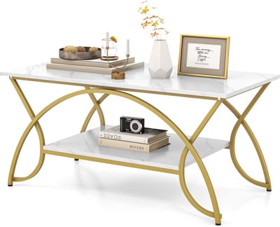 COSTWAY Salontafel met 2 niveaus met marmerlook, bijzettafel met marmeren plank, metalen poten, moderne salontafel, voor woonkamer en slaapkamer, 100 x 50 x 45 cm