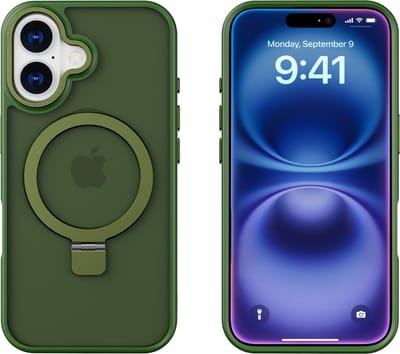 Hoesje Geschikt voor iPhone 16 Magsafe hoesje - hard backcover - Magnetische Standaard - Ringhouder - Mat Transparant / Groen