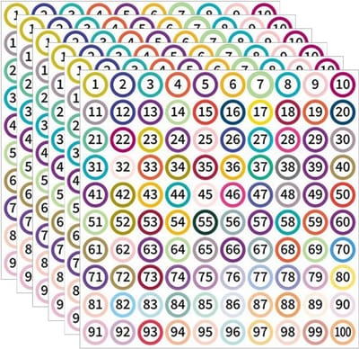12 pcs vellen kleurrijke cijferstickers van 1 tot 100, kleine cijferstickers met stippen, ronde plakkerige cijferstickers, cijferstickers voor inventarisopslag, zelfklevende doorlopende cijferstickers voor klaslokalen en kantoren, zwarte cijfers