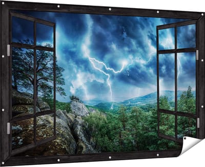 Gards Tuinposter Doorkijk Onweer in het Bos - Bliksem - 180x120 cm - Tuindoek - Tuindecoratie - Wanddecoratie buiten - Tuinschilderij