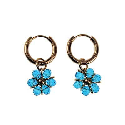 ∅14mm x 2mm Oorringen Dames - Verguld RVS - Aquamarijn ab Gefacetteerde Kristallen Bloem Hanger - Bungelende Oorbellen