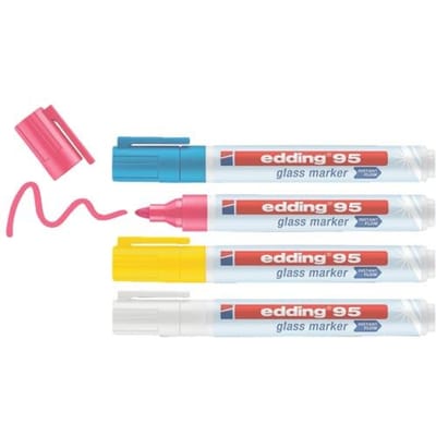 edding 95 glasmarker set met 4 kleuren - wit, geel, roze, lichtblauw - ronde punt 1,5-3 mm - ook geschikt voor whiteboards - droog uitwisbaar