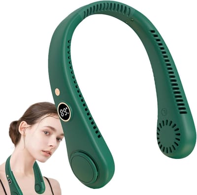 Draagbare nekventilator – handsfree – 5 windsnelheden – 360° luchtstroom – LED-display – USB-opladen – geschikt voor reizen, fitness, thuis en buitengebruik (groen)