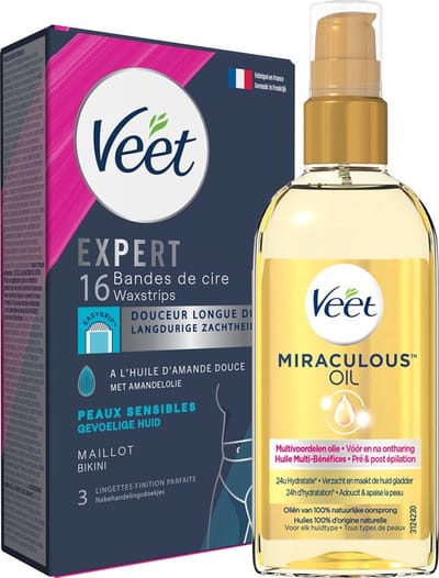 Veet - Hydraterend Ontharings Pakket - Ontharingsstrips Bikini 16st - Miraculous oil / Multivoordelen olie vóór en na ontharing