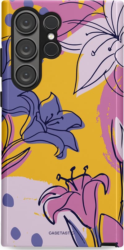 Casetastic Hoesje Geschikt voor Samsung S23 Ultra - Stijlvolle Beschermende Duo-layer Case - Paarse Lelie Kunst