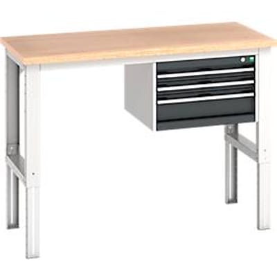 Bott cubio werkbank, handmatig in hoogte verstelbaar, beuken multiplex blad, B 1500 x H 740-1140 mm, belastbaar tot 800 kg, antraciet/lichtgrijs RAL 7035