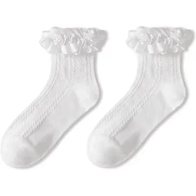 Chaussettes Mi-Mollet Dentelle Unie Nœud Volants Kawaii Lolita Chaussettes Courtes Chaussettes en Coton Jk Bas en Dentelle Japonaise Bas pour Femmes EU35-40 white